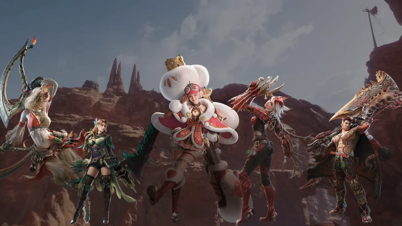 Five Adventurers in hunting armour pose together in front of a desert rock arch in Aesoland