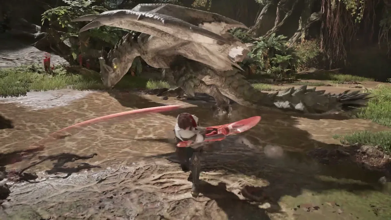 A hunter with a red blade faces a Rathalos in a shallow jungle river during a first hunt in Monster Hunter Outlanders