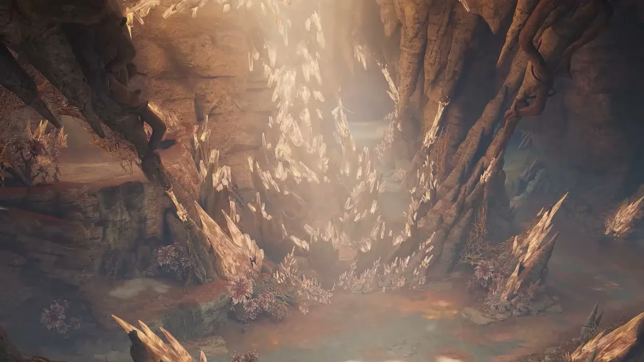 Sunlight streams through crystals inside a cave in Aesoland in Monster Hunter Outlanders