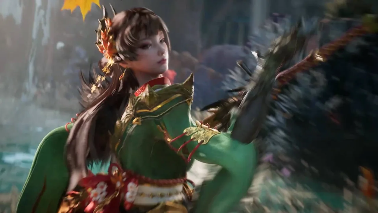 The Adventurer Midori in green and gold armour holding her Long Sword in Monster Hunter Outlanders