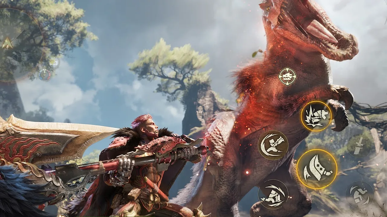 Gameplay of a hunter fighting a red Anjanath with the on-screen touch control buttons visible in Monster Hunter Outlanders