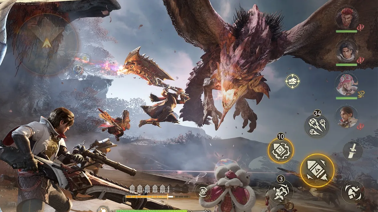 Gameplay of a four hunter co-op party and a Palico fighting a Rathalos, with party portraits and touch buttons on screen