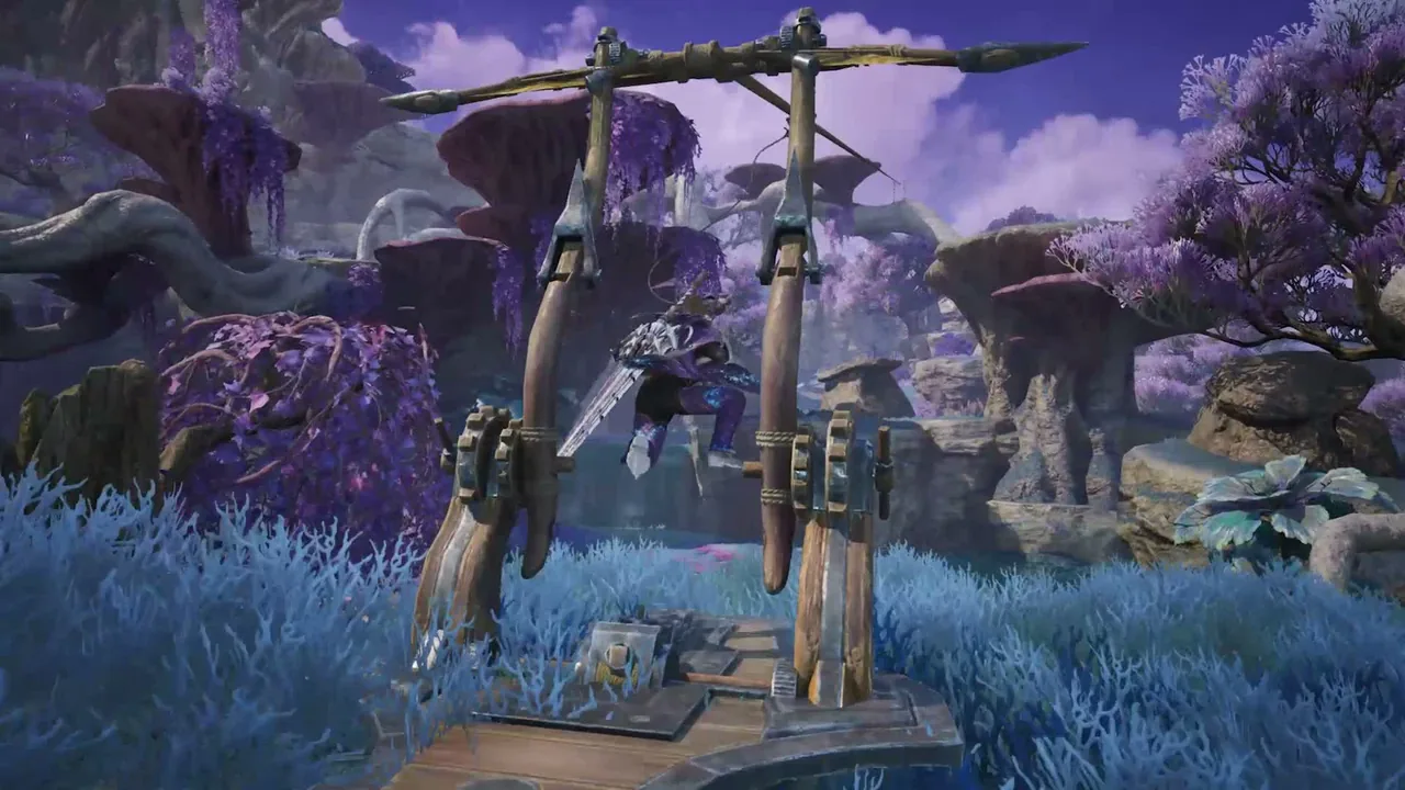 A wooden zipline station built by hunters stands in a purple-blue valley in Aesoland