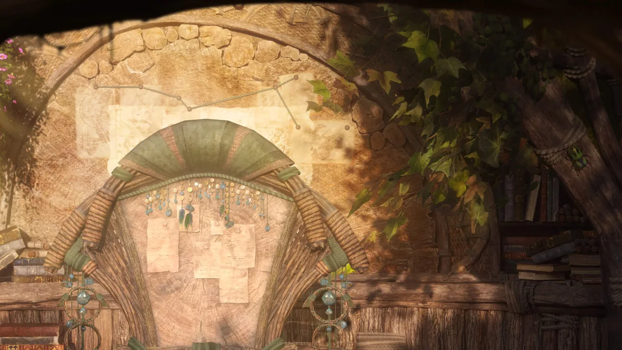 A wooden quest board covered with paper notes inside a stone and timber guild hall in Monster Hunter Outlanders