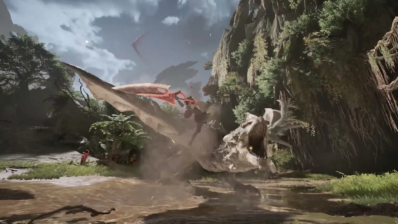 A Rathalos lunges across a jungle river toward a hunter in Monster Hunter Outlanders gameplay