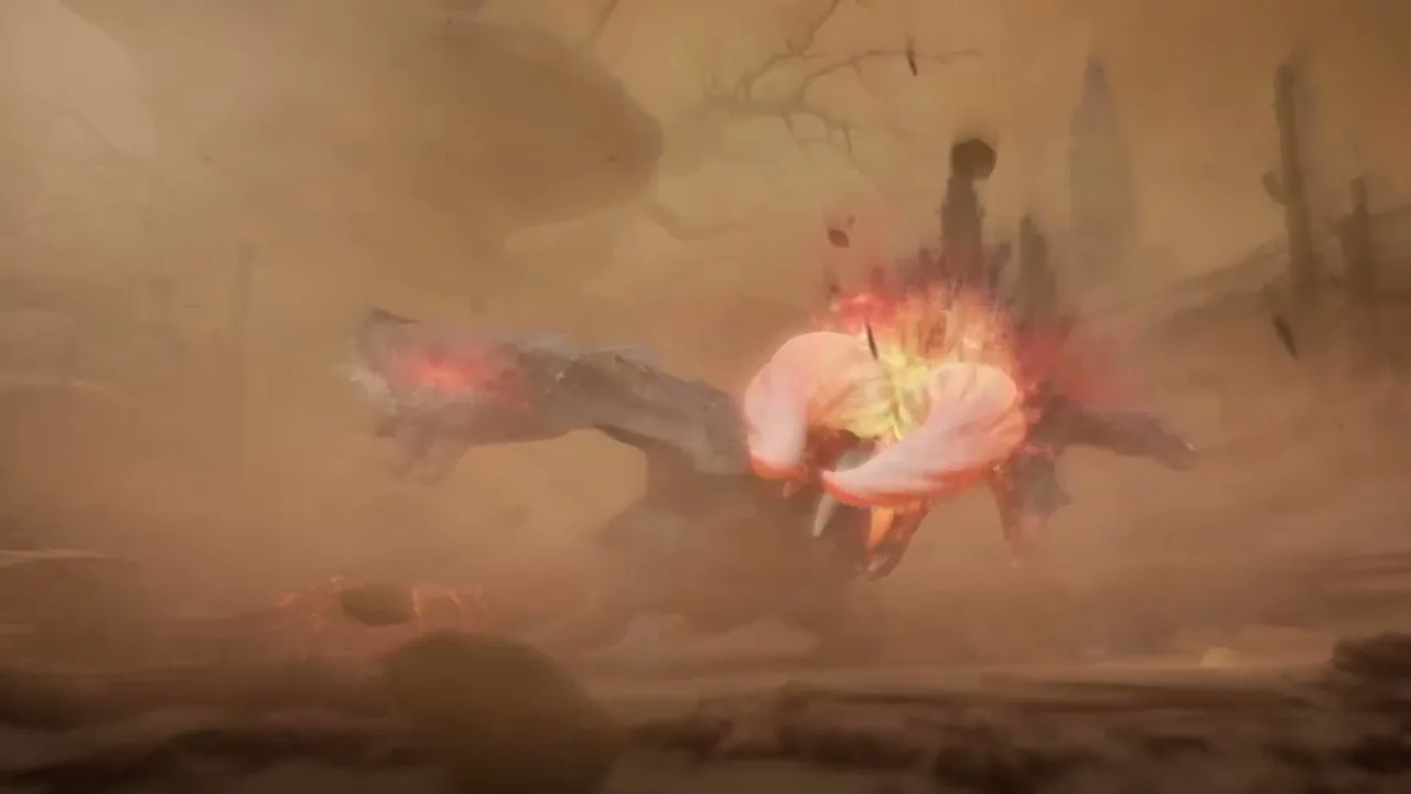 A Diablos thrashes inside a desert dust storm, its chest glowing with heat, in Monster Hunter Outlanders