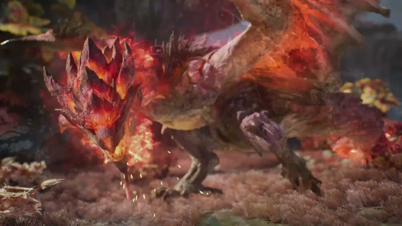 A Radiant Anjanath wreathed in flames bares its glowing jaws in Monster Hunter Outlanders