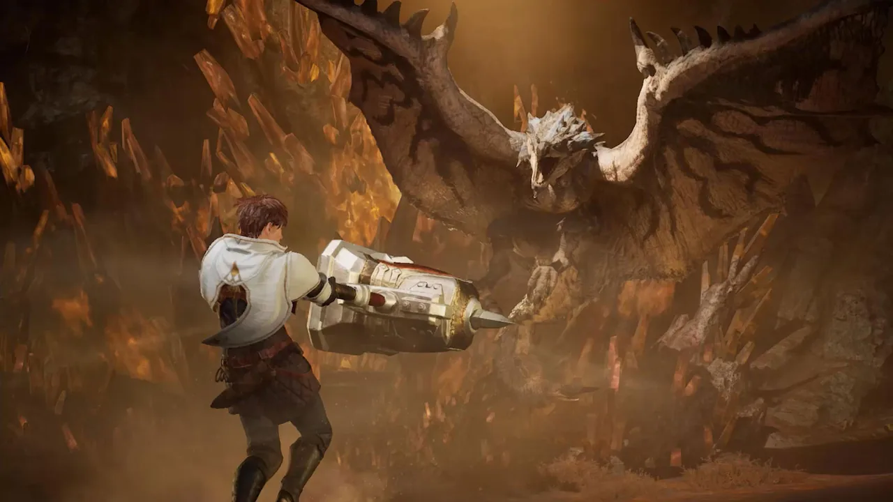 A hunter aims a Heavy Bowgun at a Rathalos spreading its wings inside a crystal cave in Monster Hunter Outlanders