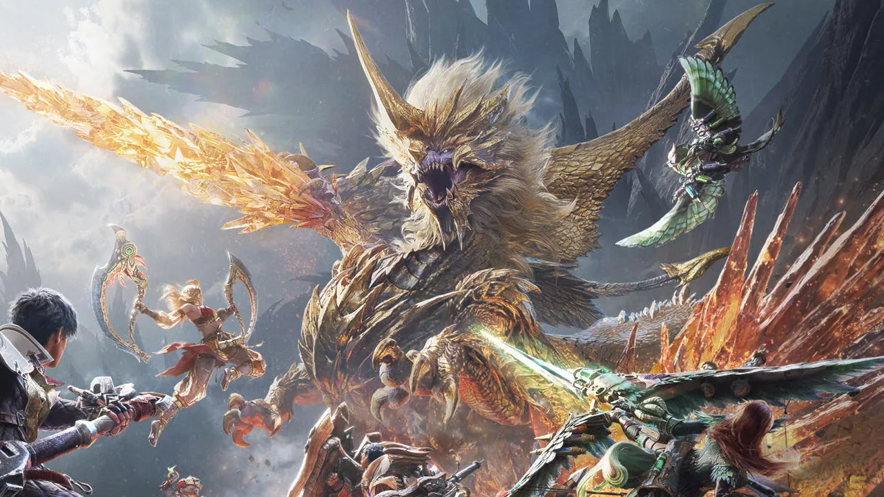 The golden Elder Dragon Ruger Aidal breathes fire as a party of hunters attacks it in Monster Hunter Outlanders key art
