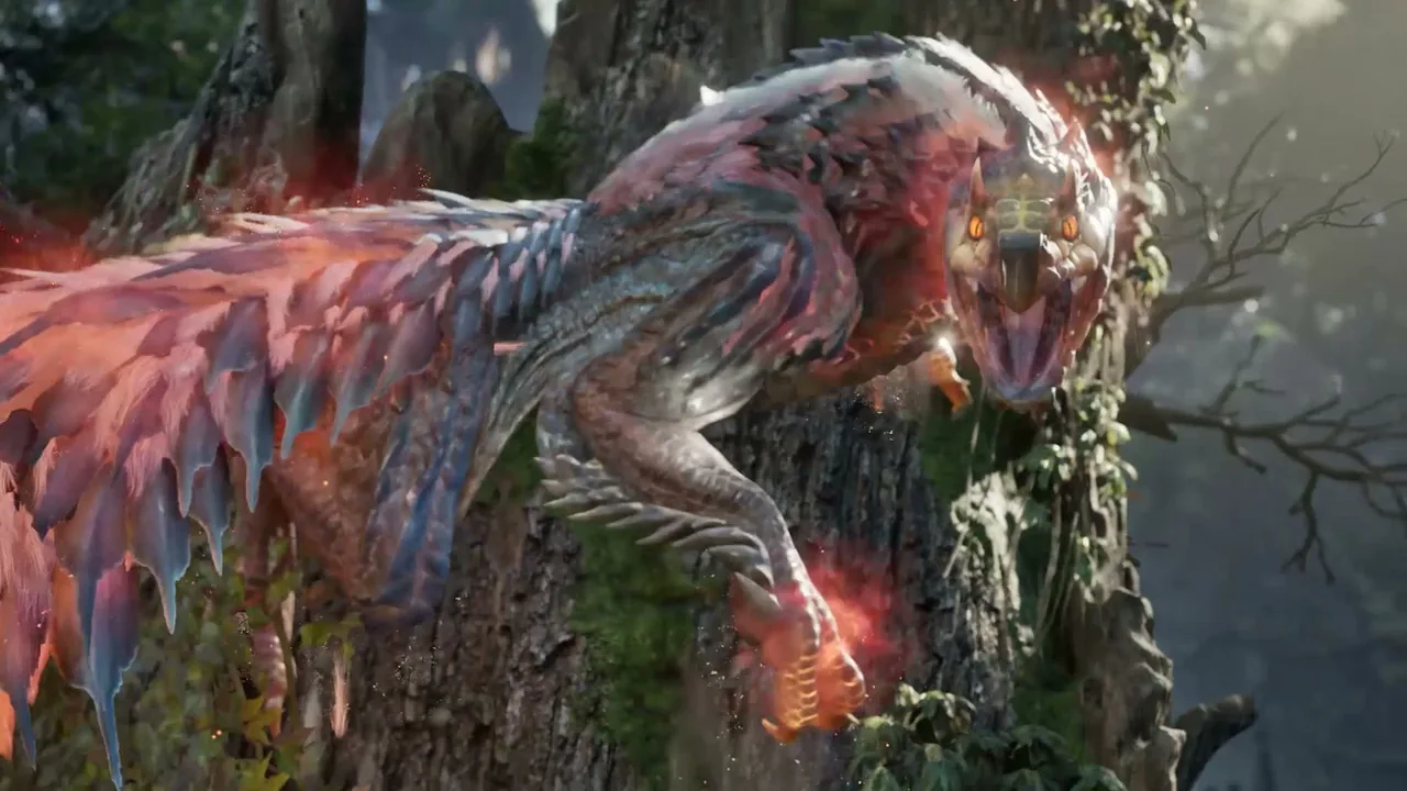 A Kulu-Ya-Ku with pink and blue feathers perches on a mossy tree trunk and stares at the camera in Monster Hunter Outlanders