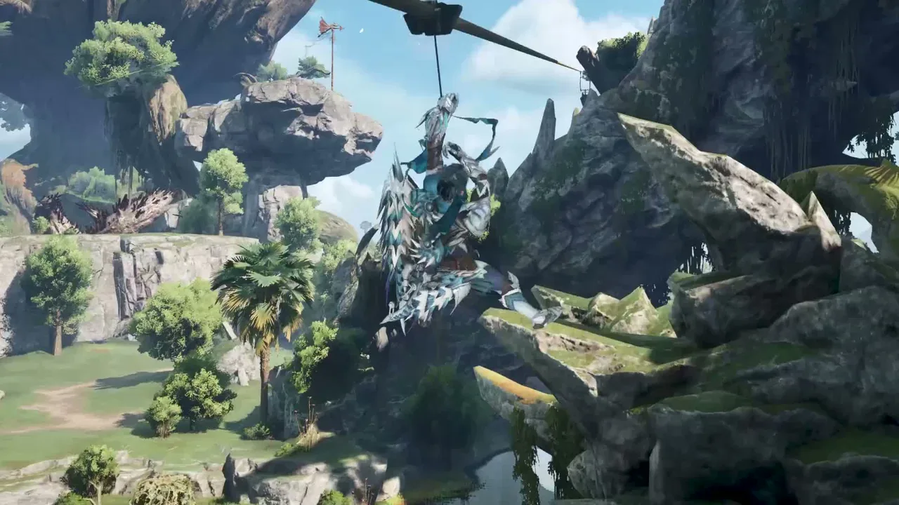 A hunter rides a zipline over floating islands and palm trees in Aesoland
