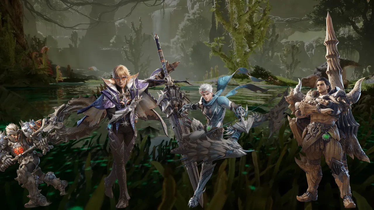 Four Adventurers holding a Hammer, a Great Sword, a Bow and a Lance stand in a misty Aesoland swamp in Monster Hunter Outlanders