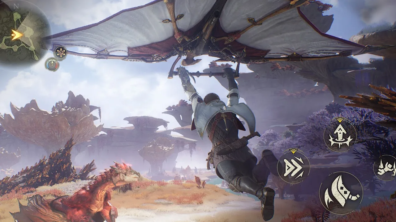 A hunter hangs from a glider above Aesoland with a red monster below and touch buttons on screen in Monster Hunter Outlanders gameplay